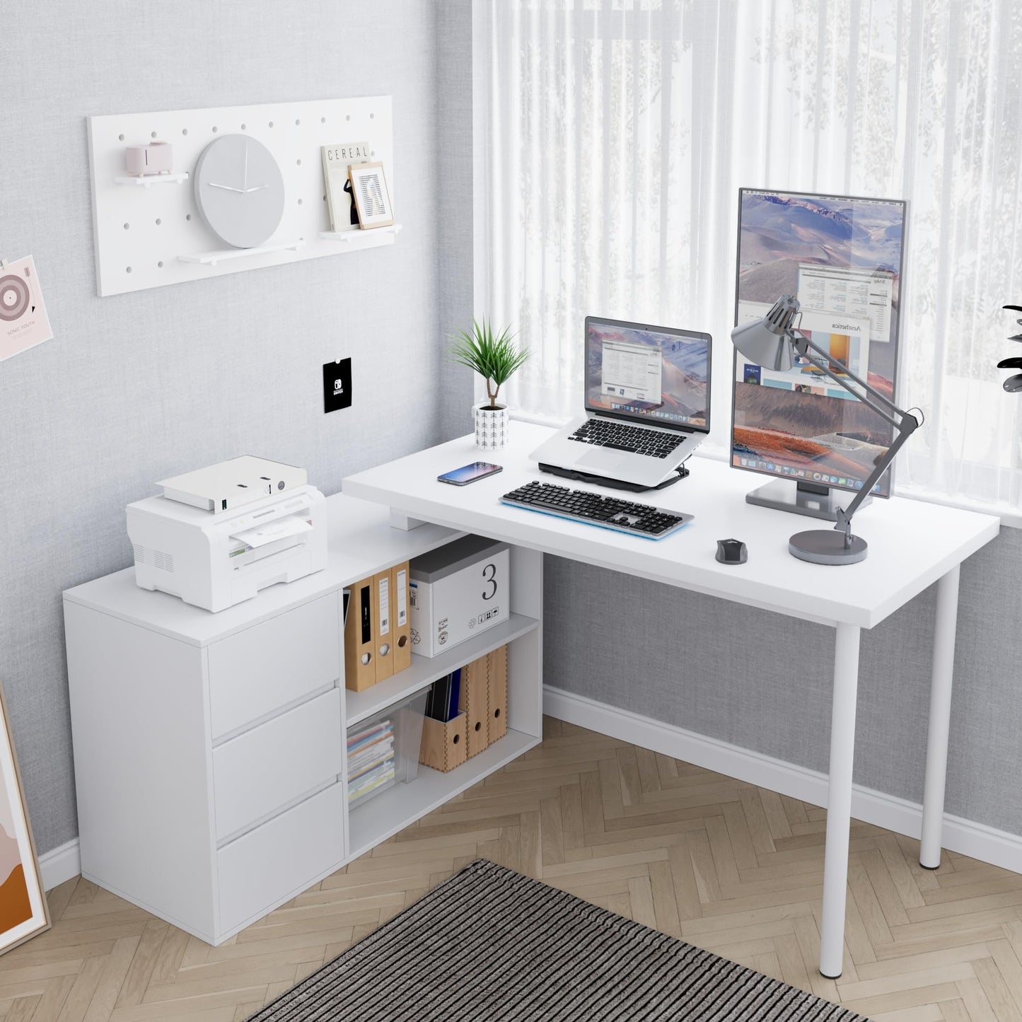 Jiaoun Home Office Computer Desk Corner Desk with 3 Drawers and 2 Shelves, 53-inch L-Shaped Study Desk with Storage, White