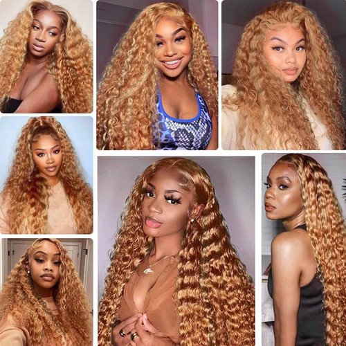 Fabimiya Human Hair Bundles 14 16 18 Inch Light Brown P27/30 Deep Wave Bundles Human Hair 100% Unprocessed Soft Sewn In Hair with Double Weft for Black Women