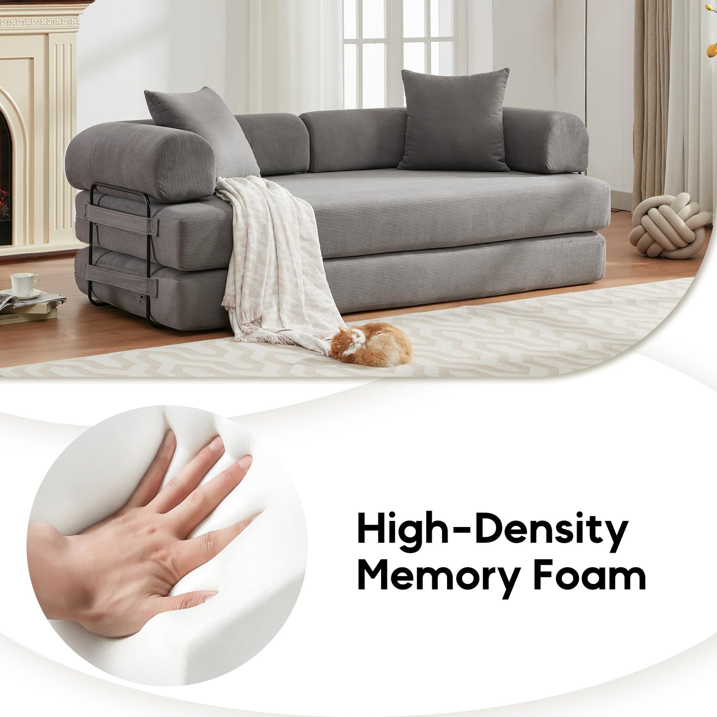 ZEIINPA Convertible Sleeper Sofa Bed with Cylindrical Pillow, Corduroy Folding Mattress Couch with Fixed-Shape Frame, Floor Sofa Lounge Couch for Living Room Bedroom Lounge Studio-Grey
