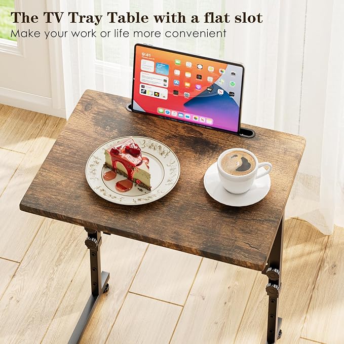 Fleecy day Adjustable Folding TV Tray Table,TV Dinner Small Foldable C-Shaped End Table for Eating,6 Height Adjustable Slide Under Couch Side with Sturdy MDF Top,No Assembly(Brown)