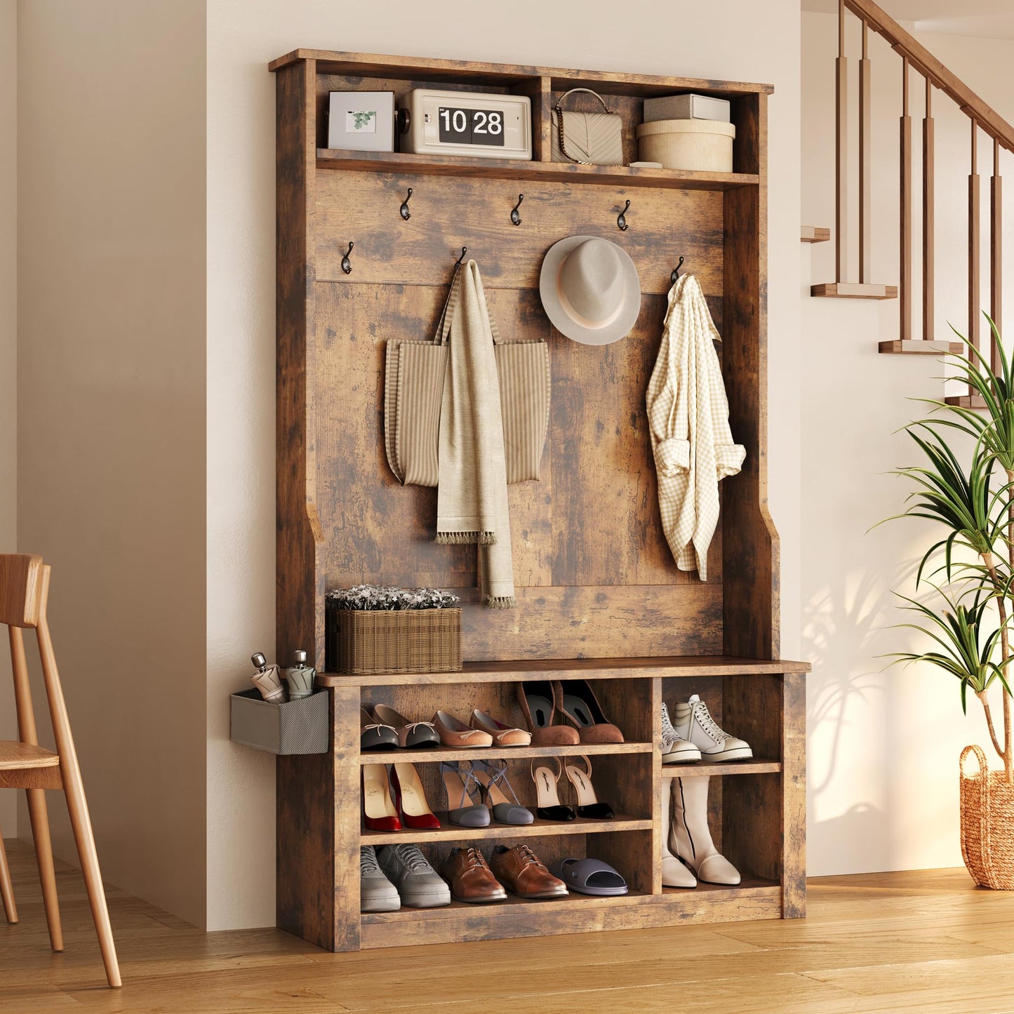 Aiho Entryway Hall Tree with Bench and Storage, 3-in-1 Hall Tree with Coat Rack, Adjustable Shoe Bench, 2-Tier top Storage, for Hallway, Entryway, Bedroom, Rustic Brown