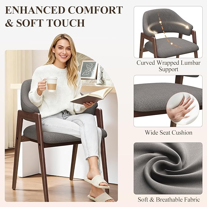 MALOL Wooden Dining Chairs Set of 2, Modern Fabric Upholstered Dining Room Chair, Kitchen Side Chairs, Farmhouse Dinner Chair with Curved Open Back for Kitchen, Grey