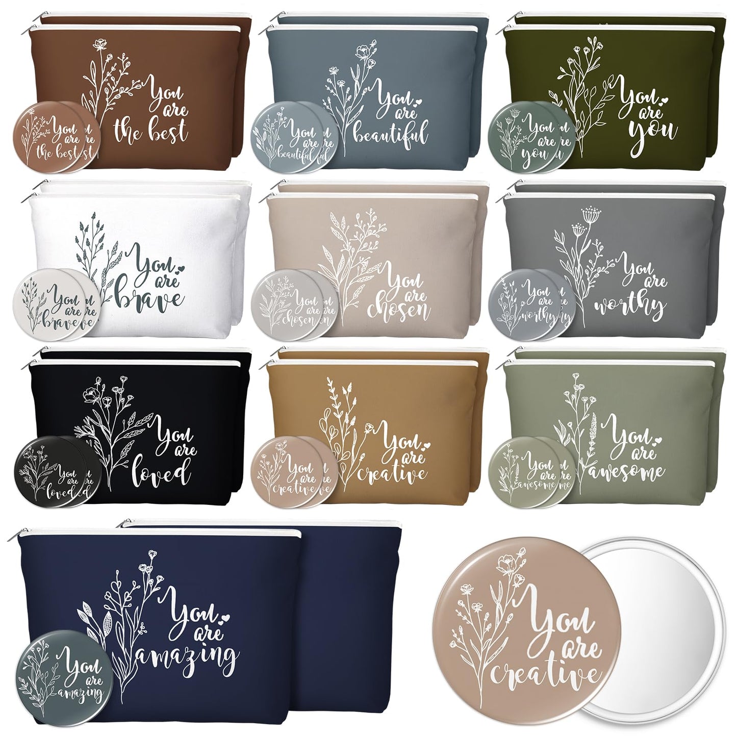 Vercraft 40 Pcs Employee Appreciation Gifts 20 Inspirational Canvas Makeup Bags 20 Compact Mirrors Bulk Cosmetic Bags Round Port