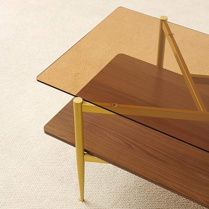Pine Flicker Rectangle Coffee Table, Mid-Century Modern Design, L41*W21*H17 inch, for Living Room, Amber Glass Top and Walnut Finish Wood Shelf, Conical Metal Legs with Gold Finish