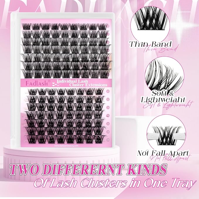 FADLASH Lash Clusters Individual Lashes 10-18mm Eyelash Clusters D Curl DIY Lash Extension Clusters Wispy Cluster Lashes (KLS52+ZW03-07D-Mix10-18)