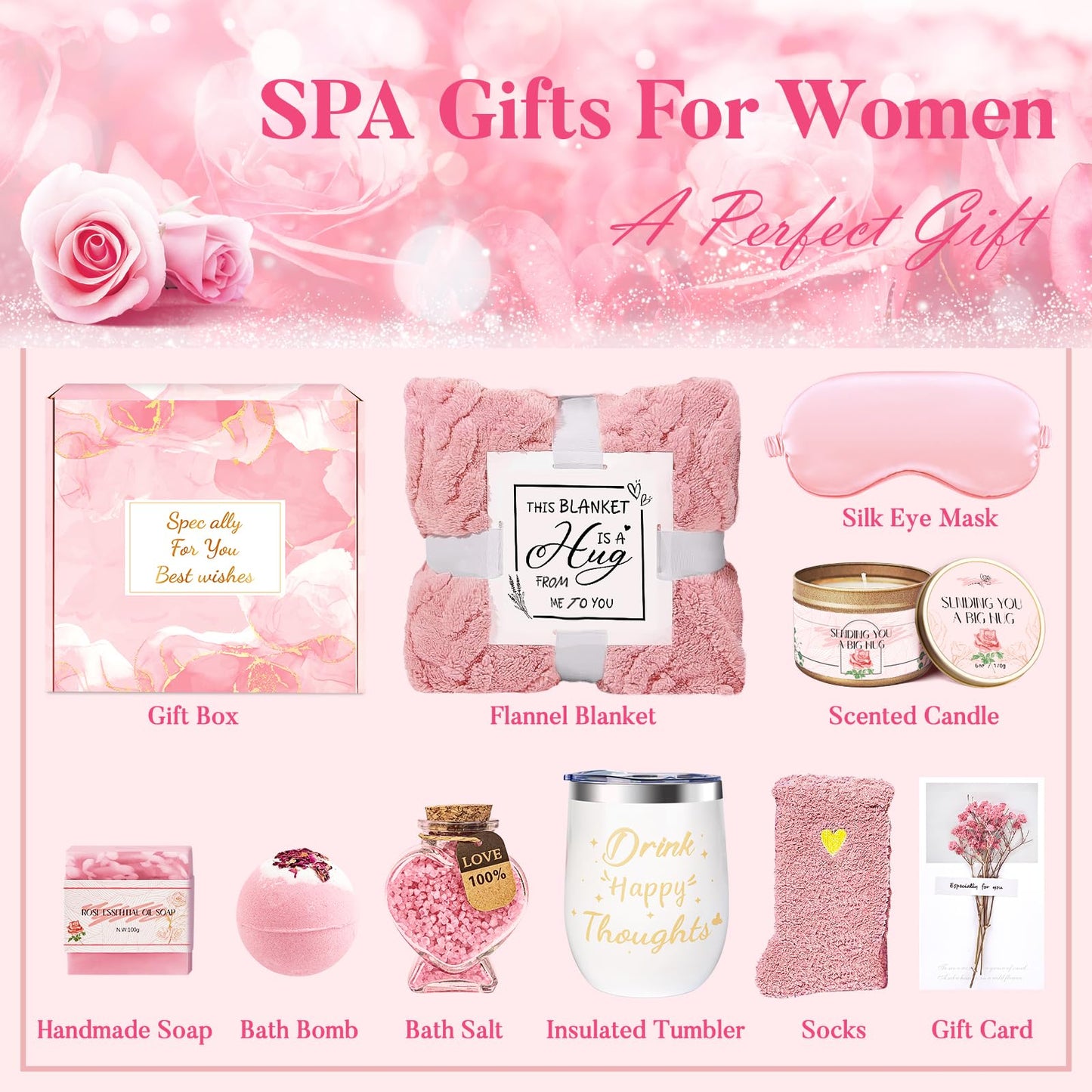Birthday Gifts for Women Self Care Gifts Get Well Soon Gifts, Rose Relaxation Spa Gift Basket Sets with Luxury Flannel Blanket, Unique Mothers Day Mom Gifts Basket for Mom Wife Grandma Sister Friend