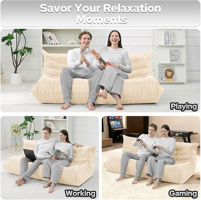 HABUTWAY Bean Bag Chairs Fireside Lazy Floor Sofa, Soft Teddy Fleece 3 Seater Sofa with High-Resilience Foam Filling，Beanbag for Living Room, Bedroom, Office (Khaki Teddy)