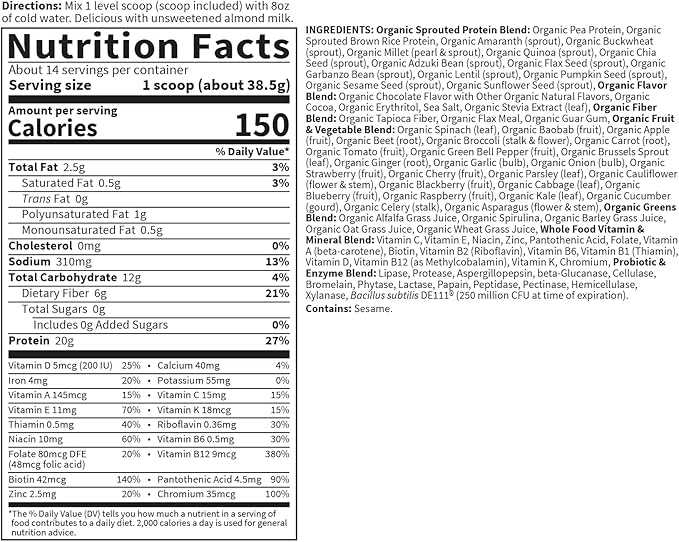 Garden of Life Meal Replacement Shakes, Raw Organic, Chocolate Protein Powder with Plant Based Pea Protein, Sprouts, Greens, Probiotics, Dairy Free 14 Servings