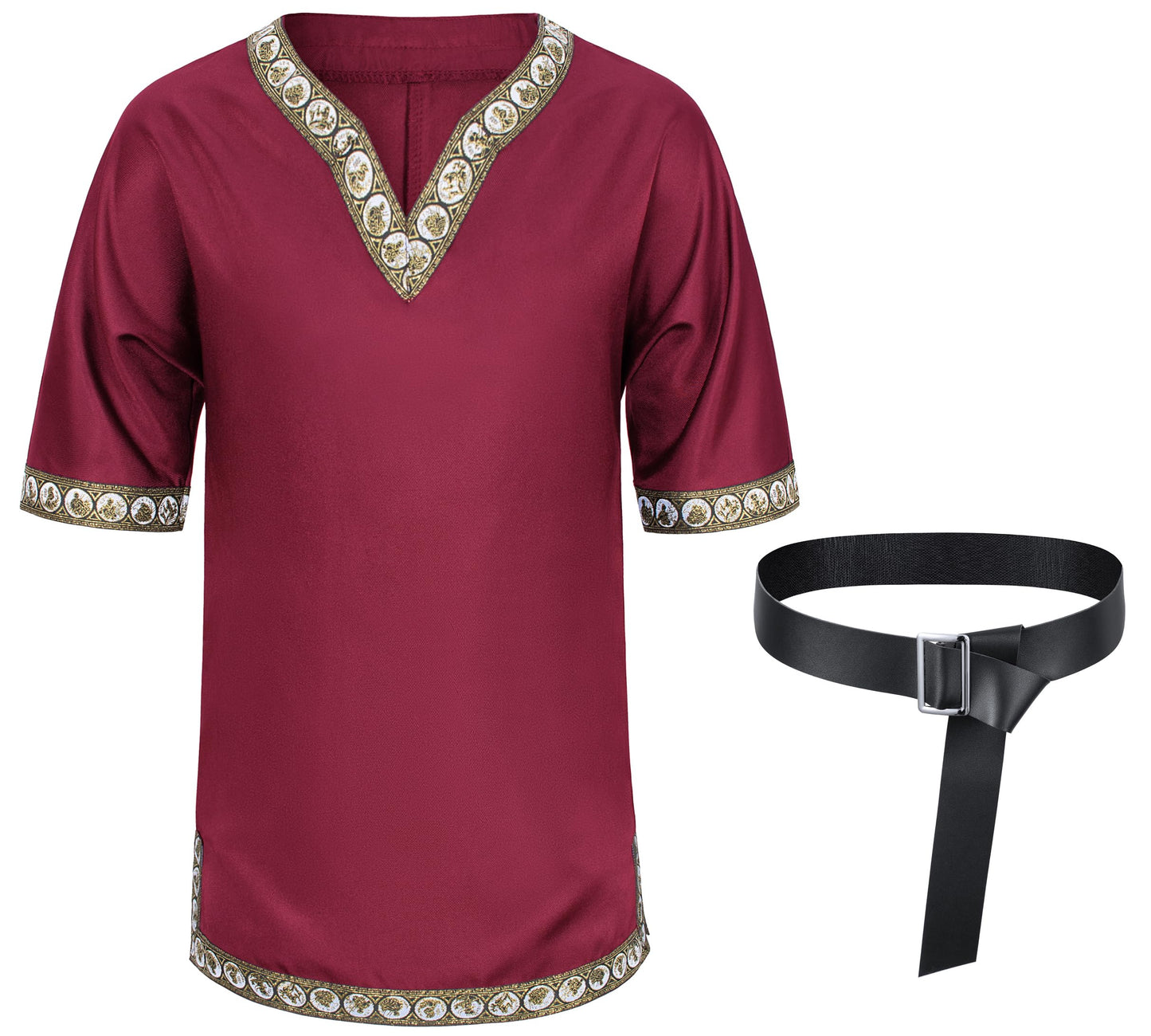 Kids Medieval Costume Boys Viking Tunic Knight Warrior Renaissance Shirts with Belt 8-10 Years Wine
