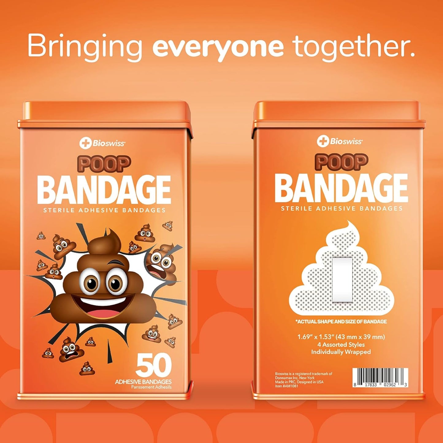 BioSwiss Bandages, Poop Shaped Self Adhesive Bandage, Latex Free Sterile Wound Care, Fun First Aid Kit Supplies for Kids, 50 Count