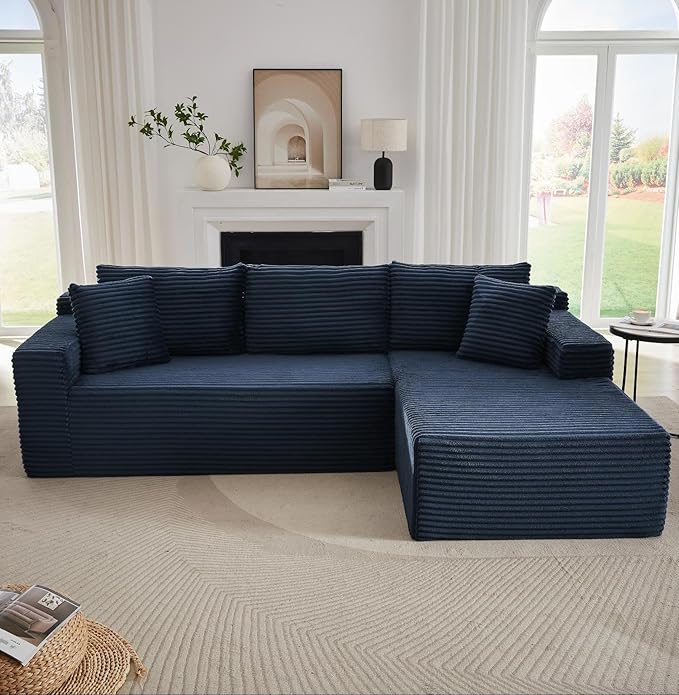 Vanress Cloud Couch Sectional, Corduroy Boneless Couch with L-Shape Chaise, Modern Modular Sectional Sofa Comfy Deep Seat for Living Room, Bedroom, No Assembly (Blue, Right Facing Chaise)