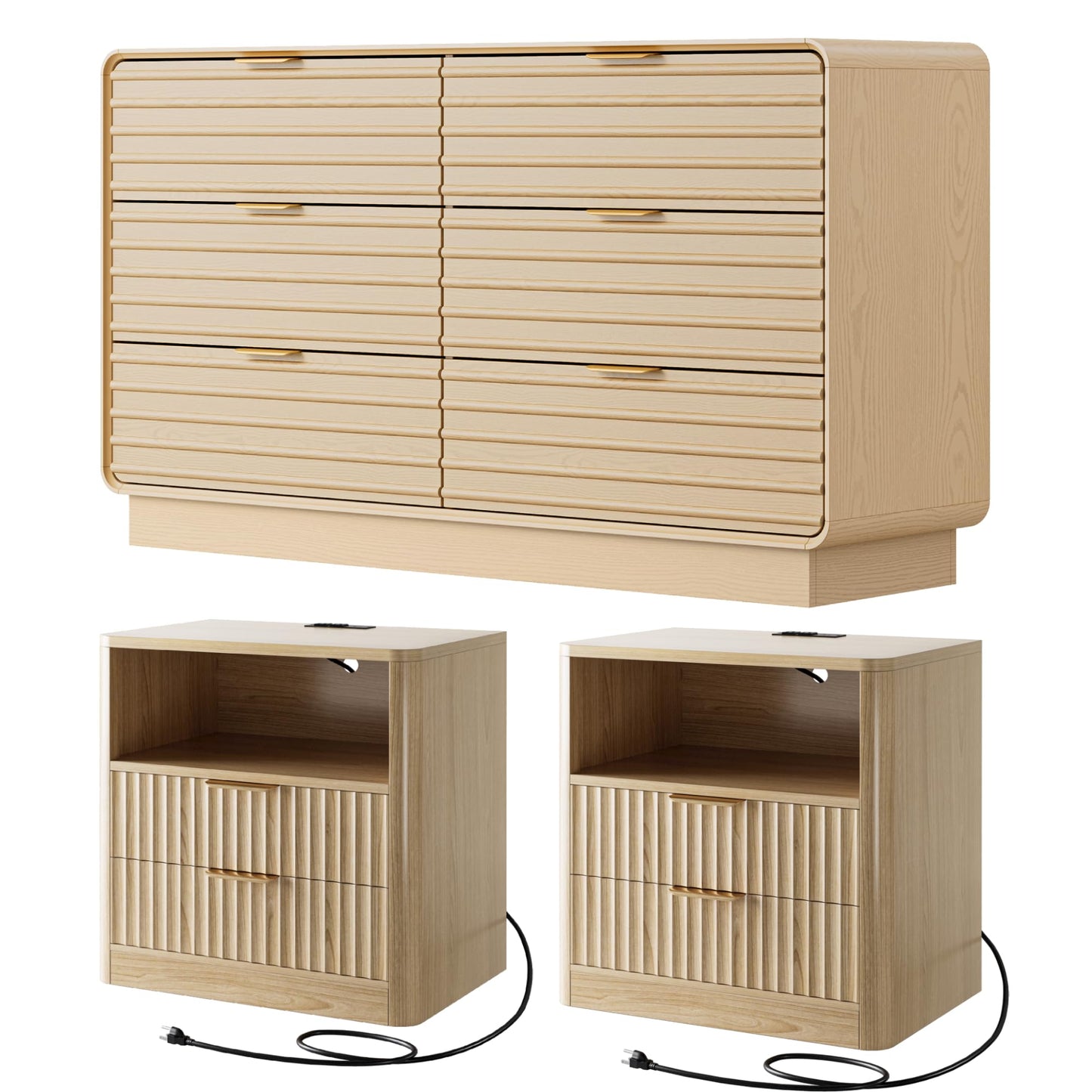 IRONCK 3 Pieces Dresser Bedroom Set, 6 Drawer Dresser and Nightstand Sets of 2 with Charging Station, Fluted Wood Chest of Drawers Wide Storage Cabinet Set, Natural