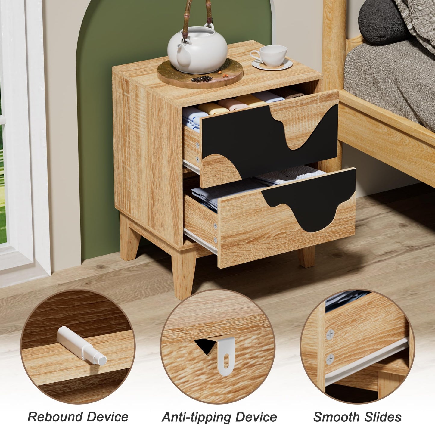 UEV 9-Drawer Dresser & 2 Nightstands Set - 3 Piece Modern Bedroom Furniture Set, 63" Wide Wooden Chest of Drawers with Flowing Water Pattern,2-Drawer Night Stands for Bedroom (Natural/Black