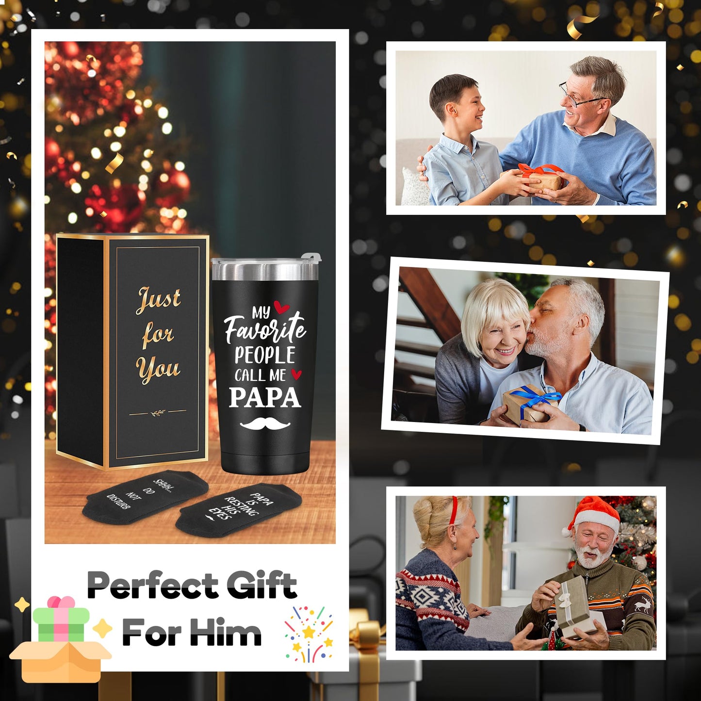 Papa Gifts,Birthday Christmas Gifts for Dad from Daughter Son,Funny Socks 20 Oz Insulated Tumbler Cup Sets Present,Best Gift Ideas for Papa Grandpa Grandparents from Grandkids Granddaughter Grandson