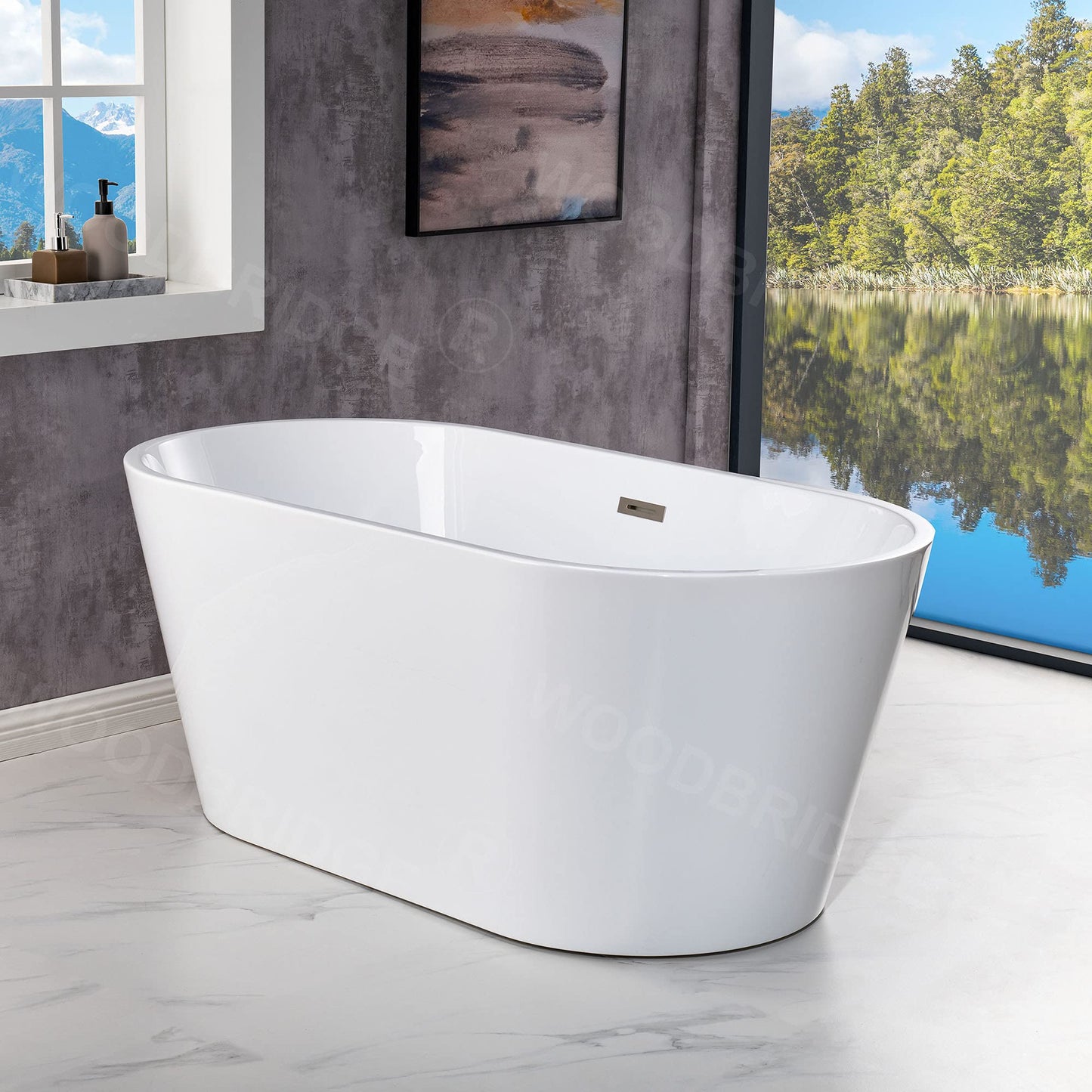 WOODBRIDGE 54" Acrylic Freestanding Bathtub Contemporary Soaking White Tub with Brushed Nickel Overflow and Drain，BTA1702-B/N