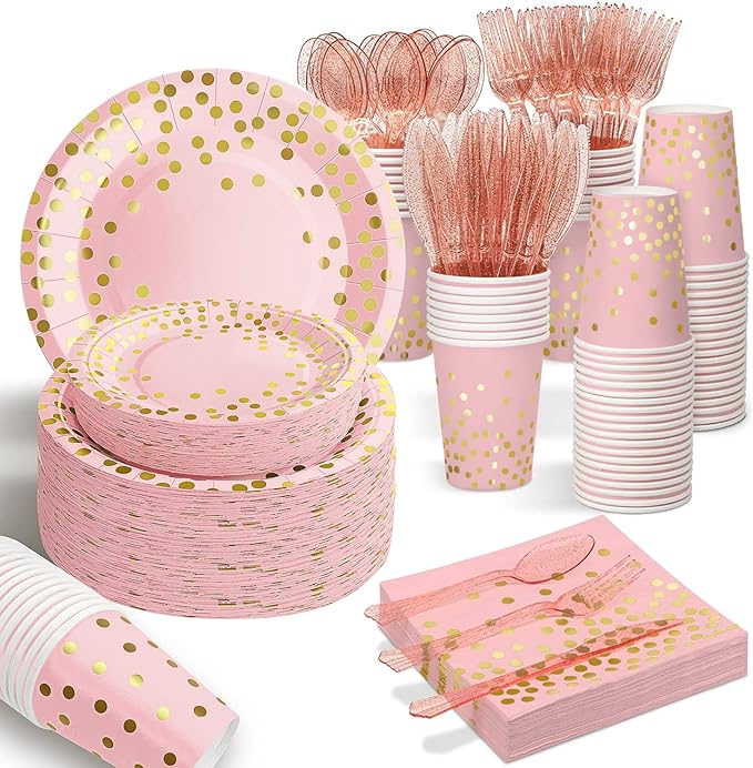 AIRE 175PCS Pink Rose Gold Plates Party Supplies Severs 25 Guests Disposable Party Decorations, Plastic Forks Knives Spoon...