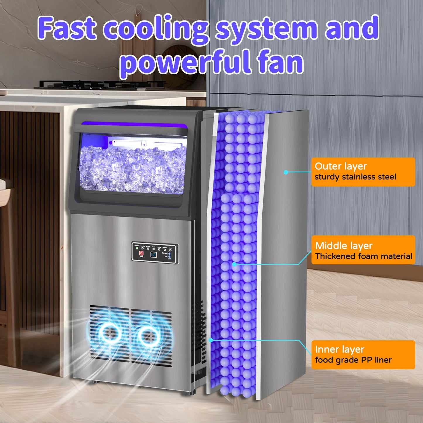 Commercial Nugget Ice Maker 80Lbs/24H with 20Lbs Storage, Stainless Steel Pellet Ice Machine, Ready in 10-15 Mins, Self-Cleaning for Office & Home Restaurants Bars