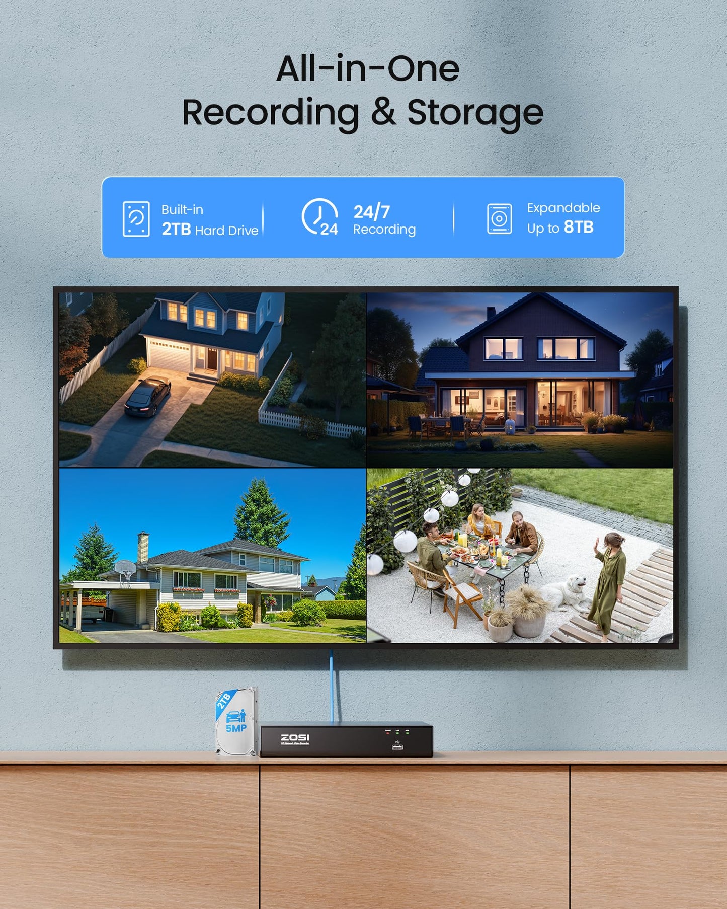 ZOSI 4K PoE Security Camera System, H.265+ 8CH NVR with 2TB HDD (16CH Expandable), 4 x 5MP 3K IP PoE Cameras Outdoor Indoor, AI Human Vehicle Detection, Remote Viewing, 24/7 Recording, IR Night Vision