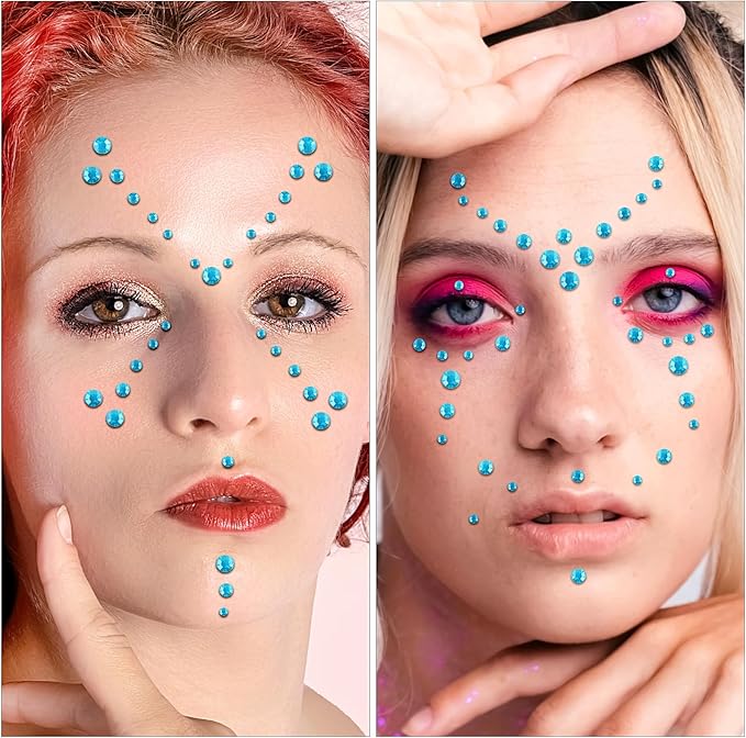 591pcs Face Gems Hair Gems Pearls, Self-Adhesive Face Jewels Eye Rhinestones 3/4/5/6/8 mm Face Gem Stick on, Halloween Makeup Gems Rave Accessories for Face Eyes Body Makeup (19.Aqua Blue)