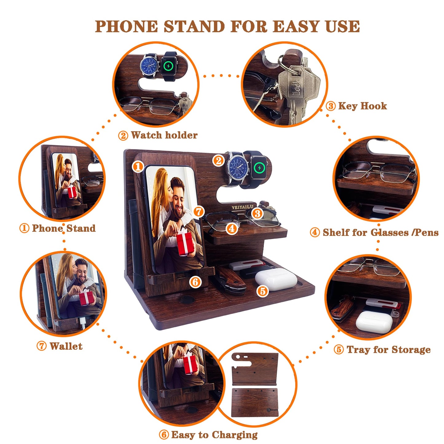 VEIYAILU Gifts for Men Women Brother Boss Boyfriend Him Nightstand Organizer Gifts for Dad from Daughter Son Wood Phone Docking Station (Dark Brown)