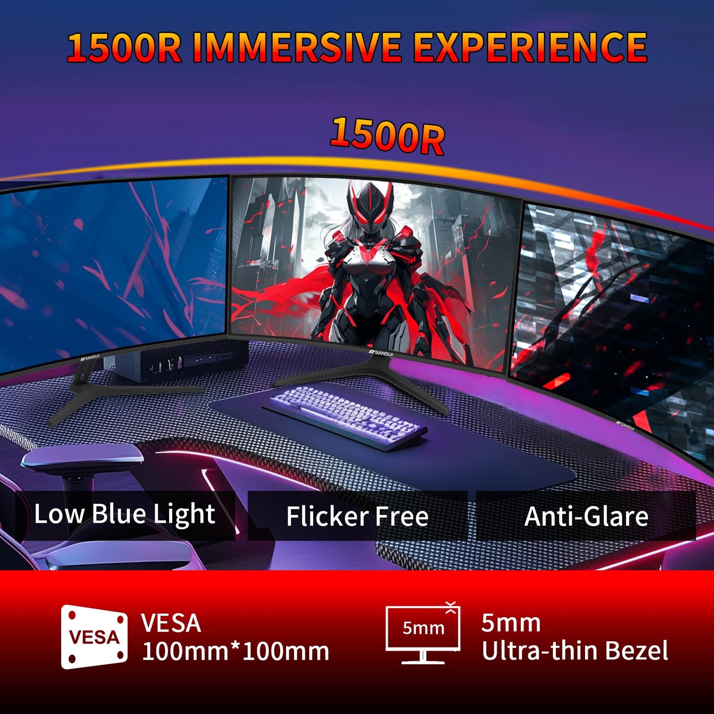 SANSUI 27 Inch WQHD 2560X1440 Curved Gaming Monitor, 180Hz MPRT 1ms Computer Monitor,HDMI2.0 * 2, DP1.2 * 2, Freesync, Curved 1500R, 5000:1 Contrast Ratio, 120% sRGB,HDR(ES-G27C1Q DP Cable Included)