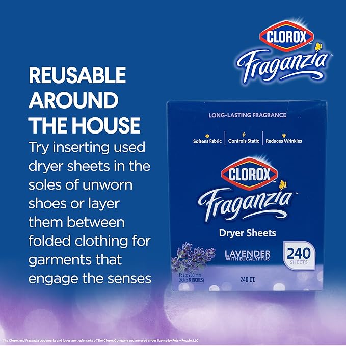 Clorox Fraganzia Fabric Softener Dryer Sheets, Lavender Scent - Wrinkle Reducing Scented Softening Laundry Dryer Sheets for Great Smelling Clothes, 240 Count