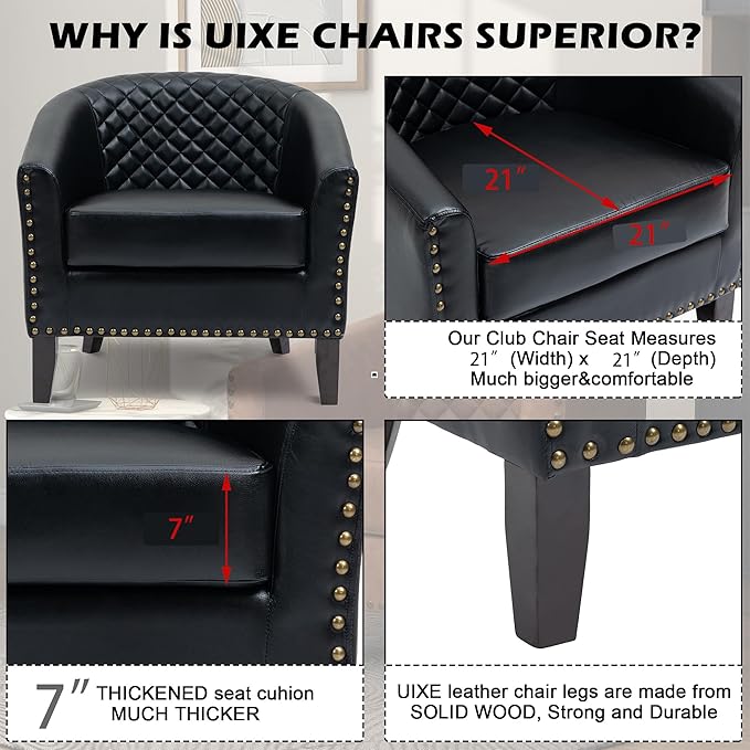 UIXE Faux Leather Barrel Accent Chairs Set of 2, Modern Club Upholstered Arm Chair, Comfy Armchair Nailed Trim Living Room Single Sofa Reading Seat Bedroom Side Sitting for Office, Black