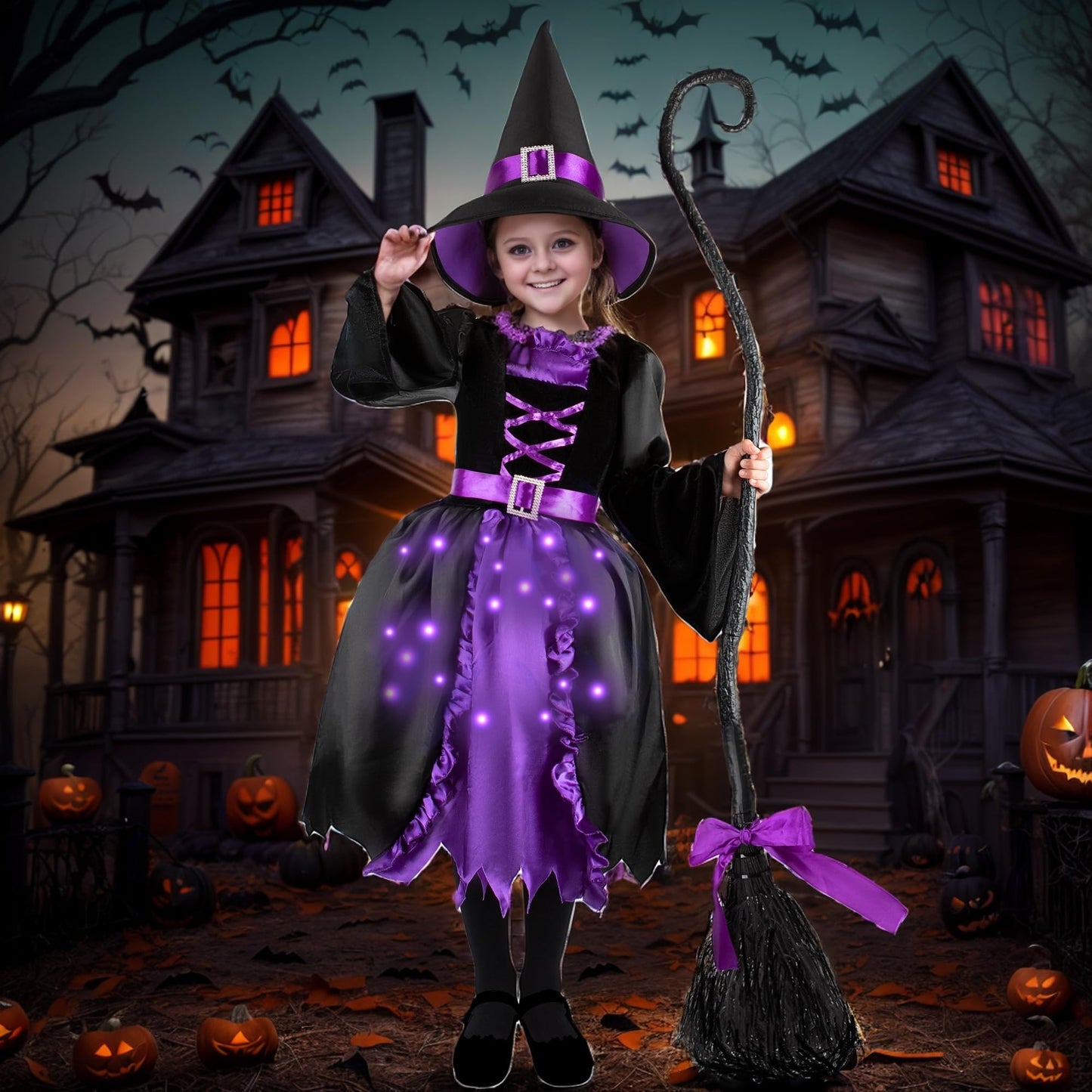 Kiddokids Witch Costume for Girls- Light-Up Dress with Hat & Broom Accessories, Halloween Costume Set for 3-12 Years, Purple Witch Outfit for Halloween Parties & Role Play