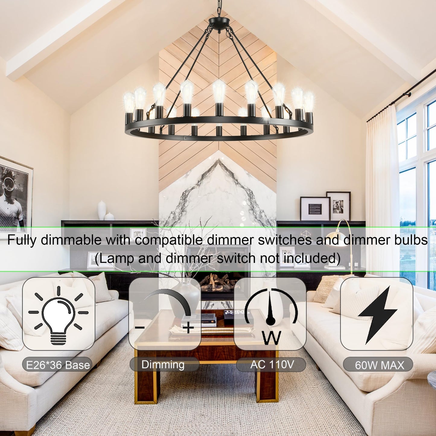 SARUDIIR 40 inch Black Wagon Wheel Chandelier 20-Light Farmhouse Round Wheel Chandeliers Hanging Light Fixture Outdoor Wagon Wheel Chandelier for Porch for High Ceilings Dining Room