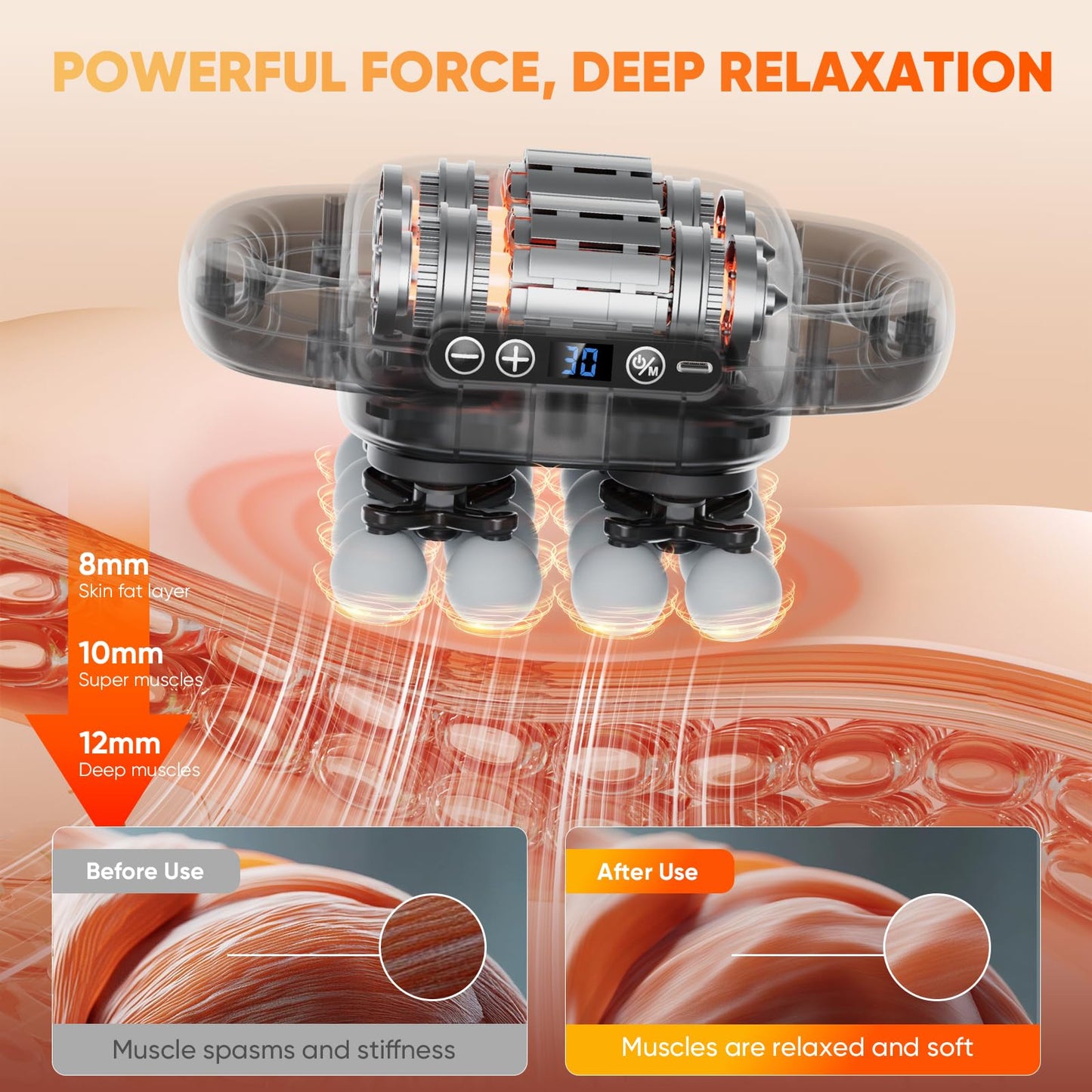 HOTU Massage Gun Deep Tissue, 16-Head Back Massager for Body Muscle Pain Relief, 3 Modes & 30 Intensities Portable Electric Quiet Multi Mini Handheld Percussion Massagers Leg/Waist/Shoulder/Hip/Foot
