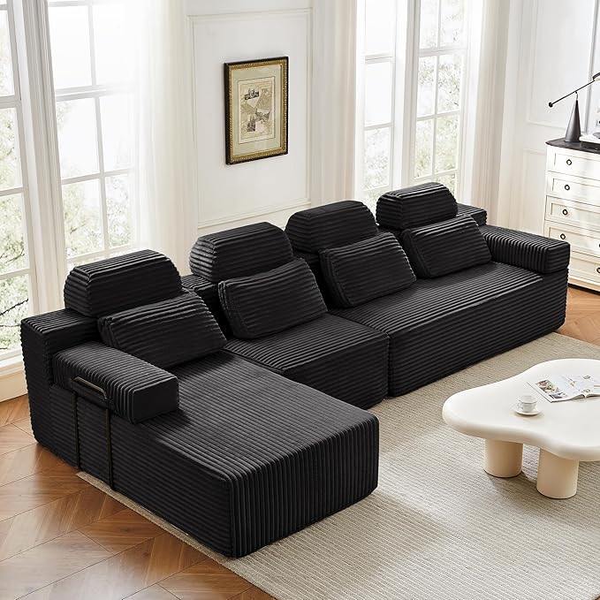 136" L-Shaped Cloud Modular Sectional Sofa with Chaise & Headrest, Boneless Deep Seat Plush Corduroy Couches for Large Living Room, No Assembly Required (Black, 136" L-shapred Chaise)