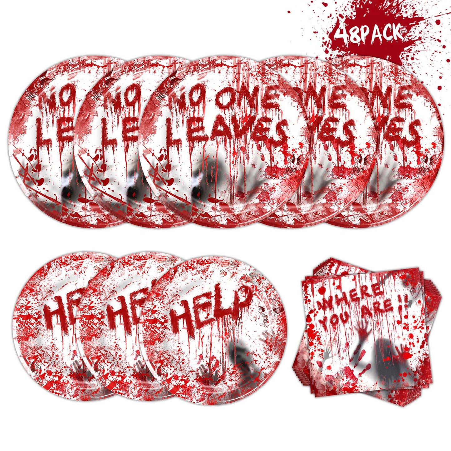HEKEDES 48Pcs Halloween Bloody Good Time Party Tableware Set: Including 24Pcs Halloween Napkins, 12Pcs 9" Plates and 12Pcs 7" Plates for the Halloween Zombie Skull Bloody Party Table Decorations