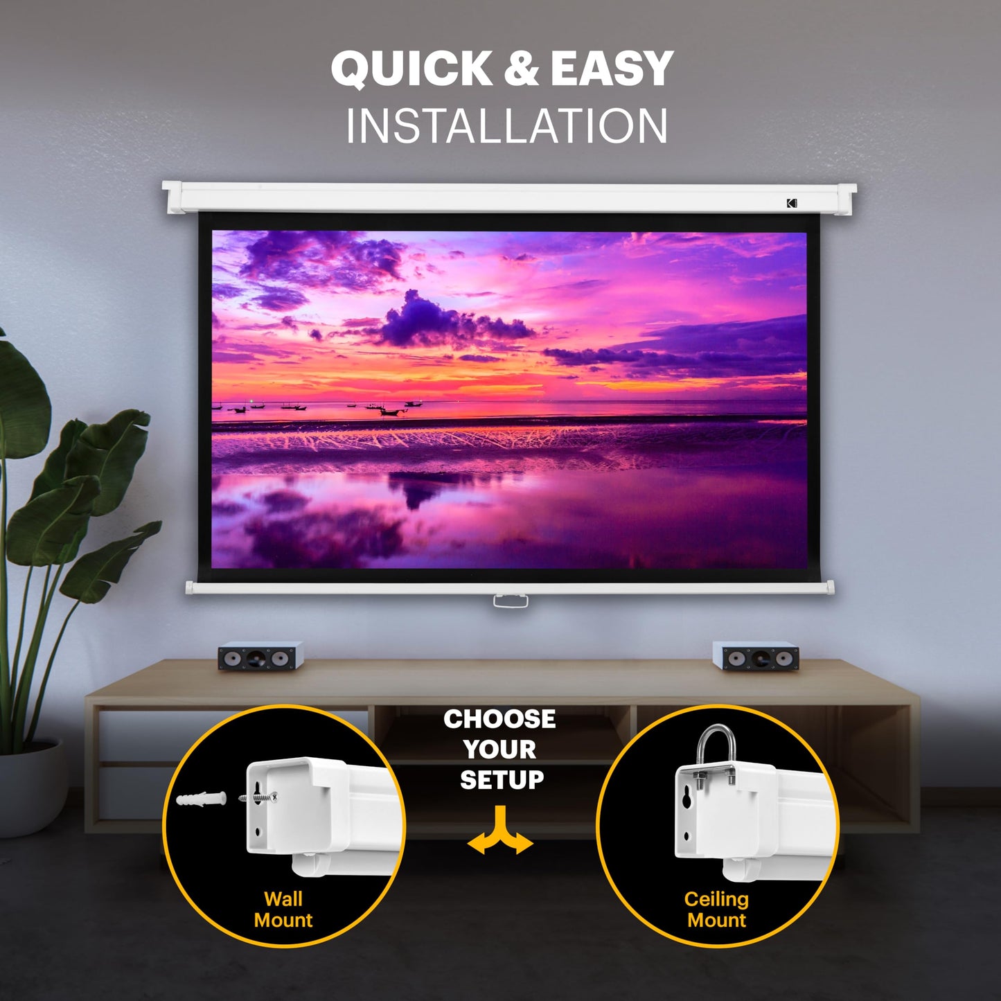 Kodak Manual Pull-Down White Projector Screen 92" Inch | Large 16:9 Office, Home Movie Theater Screen with Wall & Ceiling Mount Options, Easy-Clean Matte Fabric & Retractable Hanging Design | Indoor.