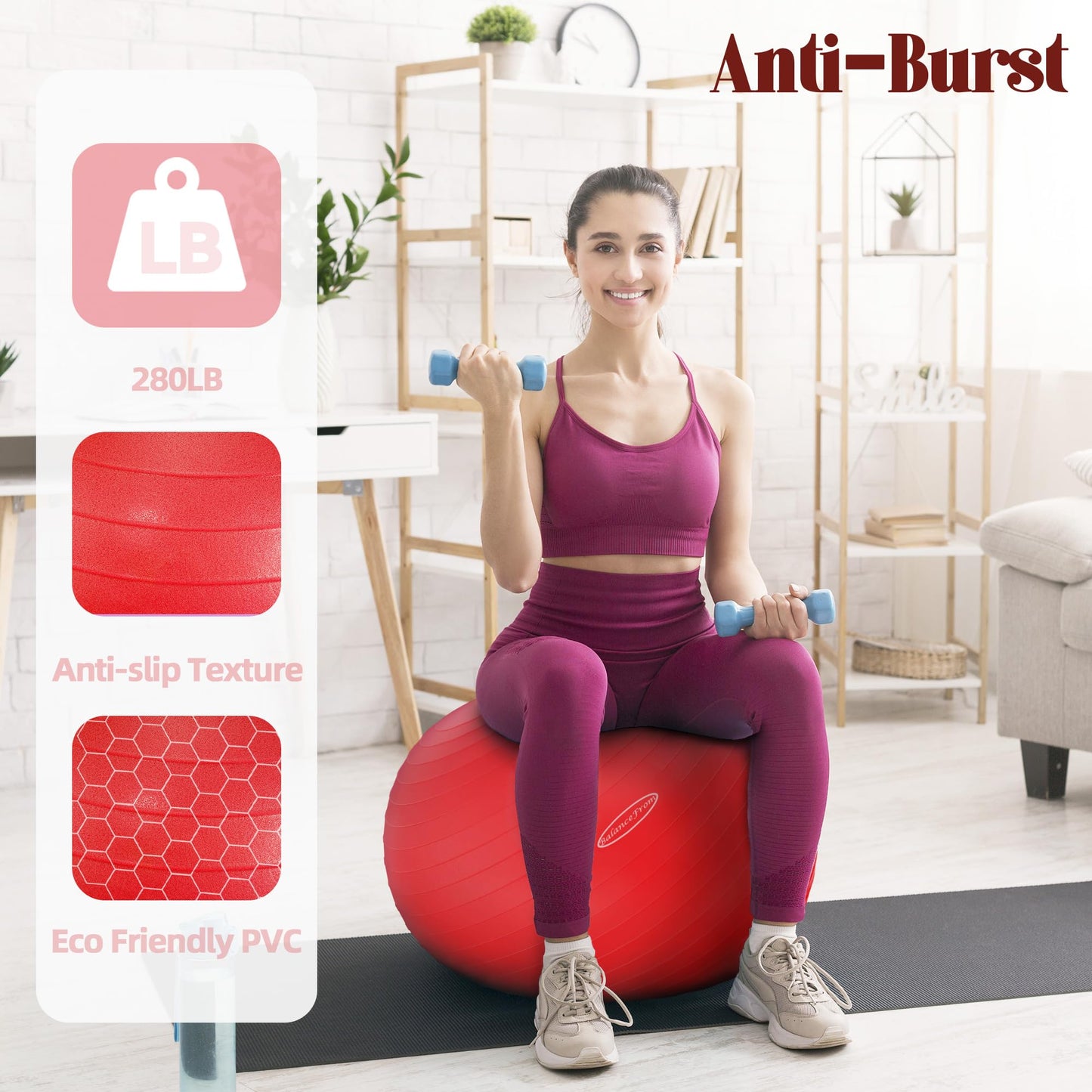 Fitvids Anti-Burst and Slip Resistant Exercise Ball Yoga Ball Fitness Ball Birthing Ball with Quick Pump, 2,000-Pound Capacity, Red, 30-inch, XL