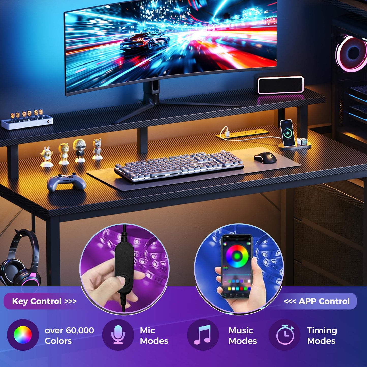 HAPPYMONT Gaming Desk with Shelves Storage Drawers, Computer Desk with LED Lights Power Outlets, Office Table with Shelf Cable Management for Bedroom Dual Monitor Streaming, Black