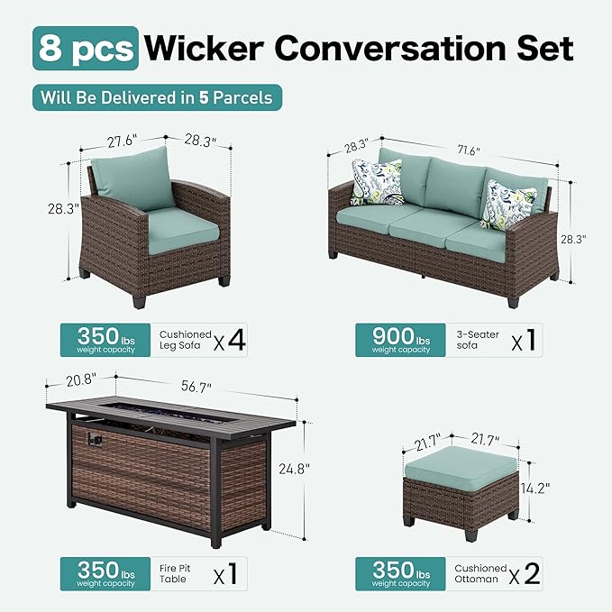SUNSHINE VALLEY Patio Furniture Set Outdoor Furniture Brown Wicker Rattan Patio Conversation Sets with Cushion Outside Sofa Set,7 Pieces with Rectangular Firepit Table,9 Seats,Blue