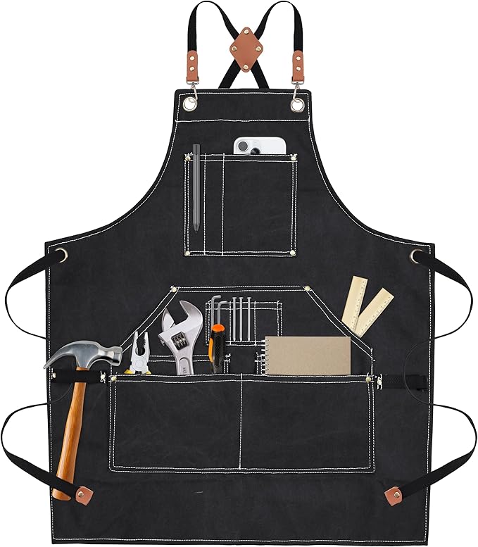Yxiang Black Handmade Work Apron with 11 Tool Pockets, Heavy Duty Waxed Canvas Workshop Tool Aprons Woodworking Apron
