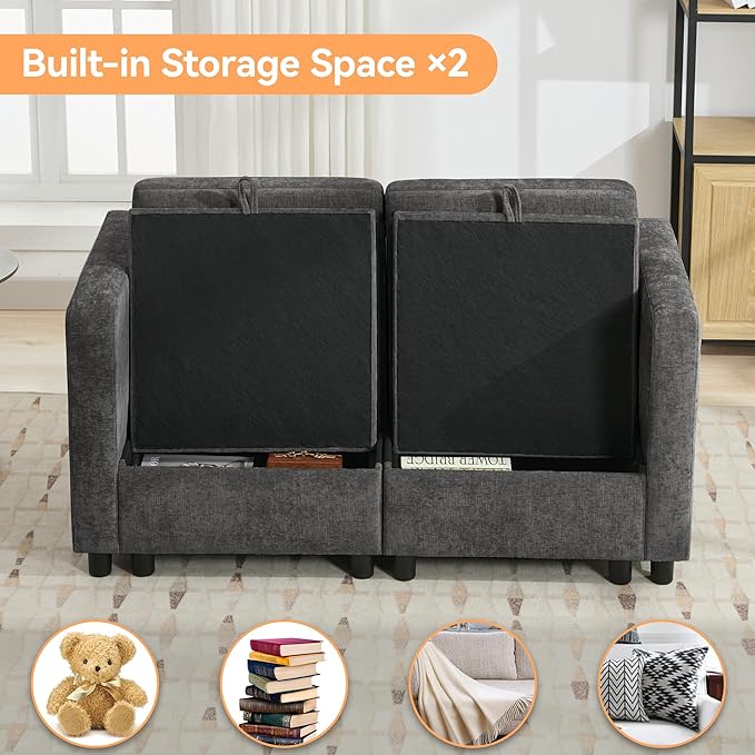 WUTUTUEE 58”Modular Sectional Loveseat Sofa, Modern Love Seat 2 Seater Sofa Couch with Storage, Chenille Modular Sectional Couch for Living Room, Bedroom, Office, Small Apartment, Dark Grey