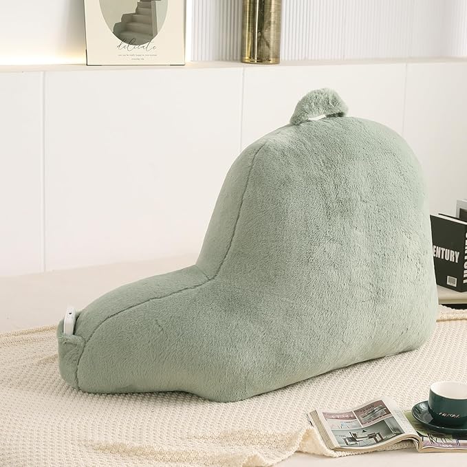 PAJEO Reading Pillow for Sitting in Bed, Large Backrest Reading Pillow with Arm Rest,Back-Rest Support Cushion for Sit Up on Couch, Sofa, and Floor, Dorm Essentials (Green Faux Fur, Standard(17"))