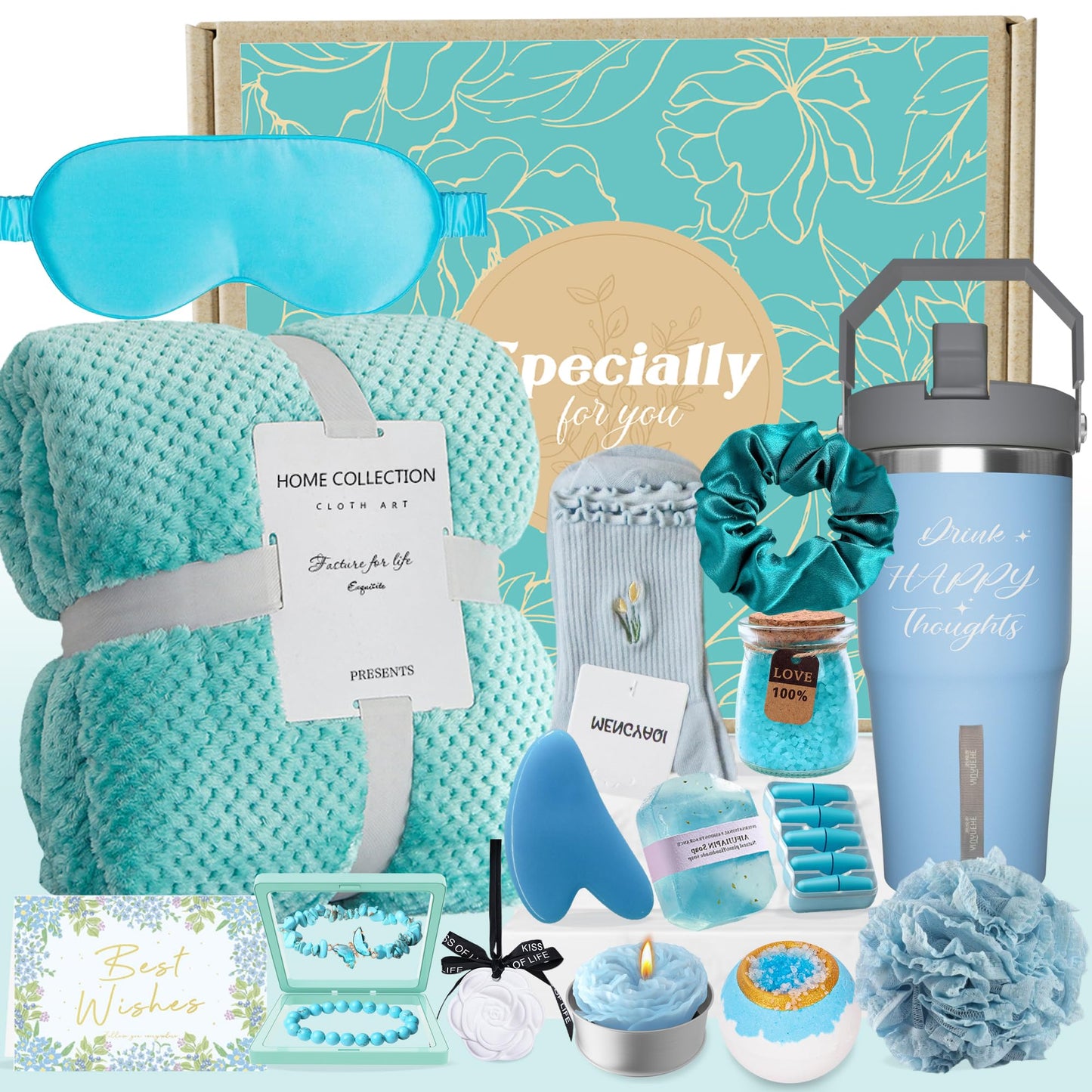 Birthday Gifts for Women Self Care Gifts Get Well Soon Gifts, Ocean Relaxing Spa Gifts Basket Care Package w/Luxury Flannel Blanket, Unique Idea for Mom Her Friends Sister Wife