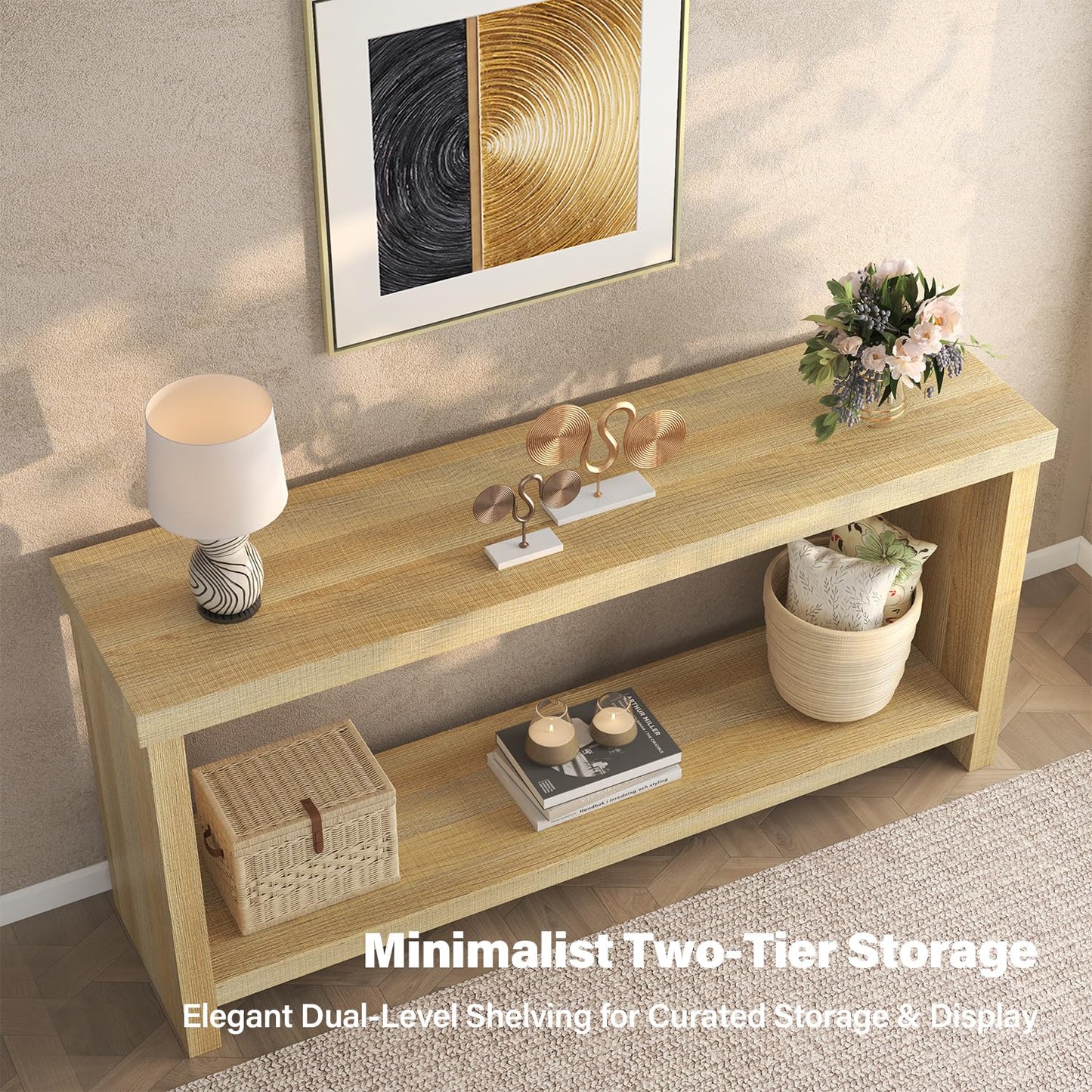 knoworld 63 Inches Narrow Console Table, 2-Tier Long Sofa Tables Behind Couch Table, Farmhouse Foyer Tables for Entryway, Hallway, Living Room, Oak Natural