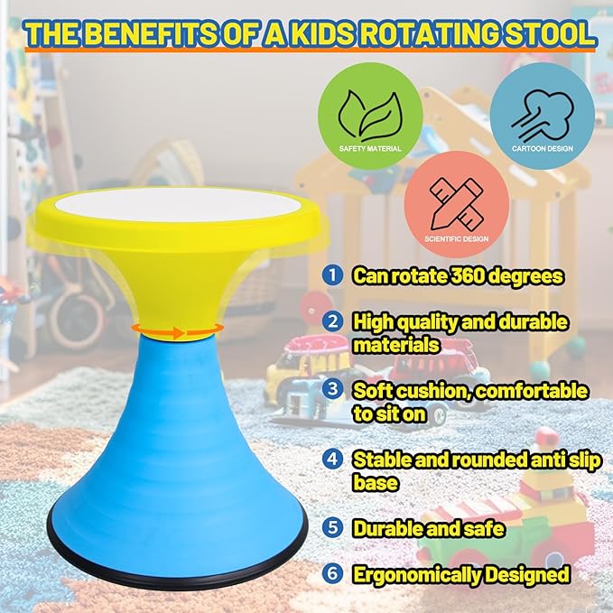 AOBOTE Kids Wobble Stool, 360° Rotatable Children Swivel Chair with Color Block Design, 100KG Load Bearing, for Home and Classroom Learning, Ages 6+ (Yellow)