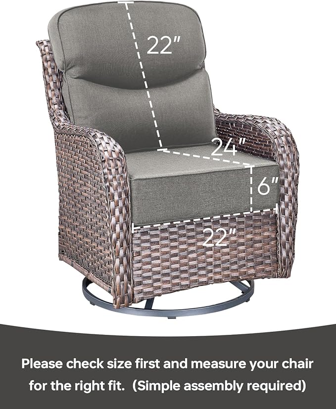 ACTREST Luxury 22x24/22x25 6-Inch Smile Outdoor Cushions for Patio 5 Piece Set - Set of 5 Zippered Outside Pillows for Wicker Metal Dining Rocking Swivel Chairs Loveseat Couch Sectional Sofa - Grey