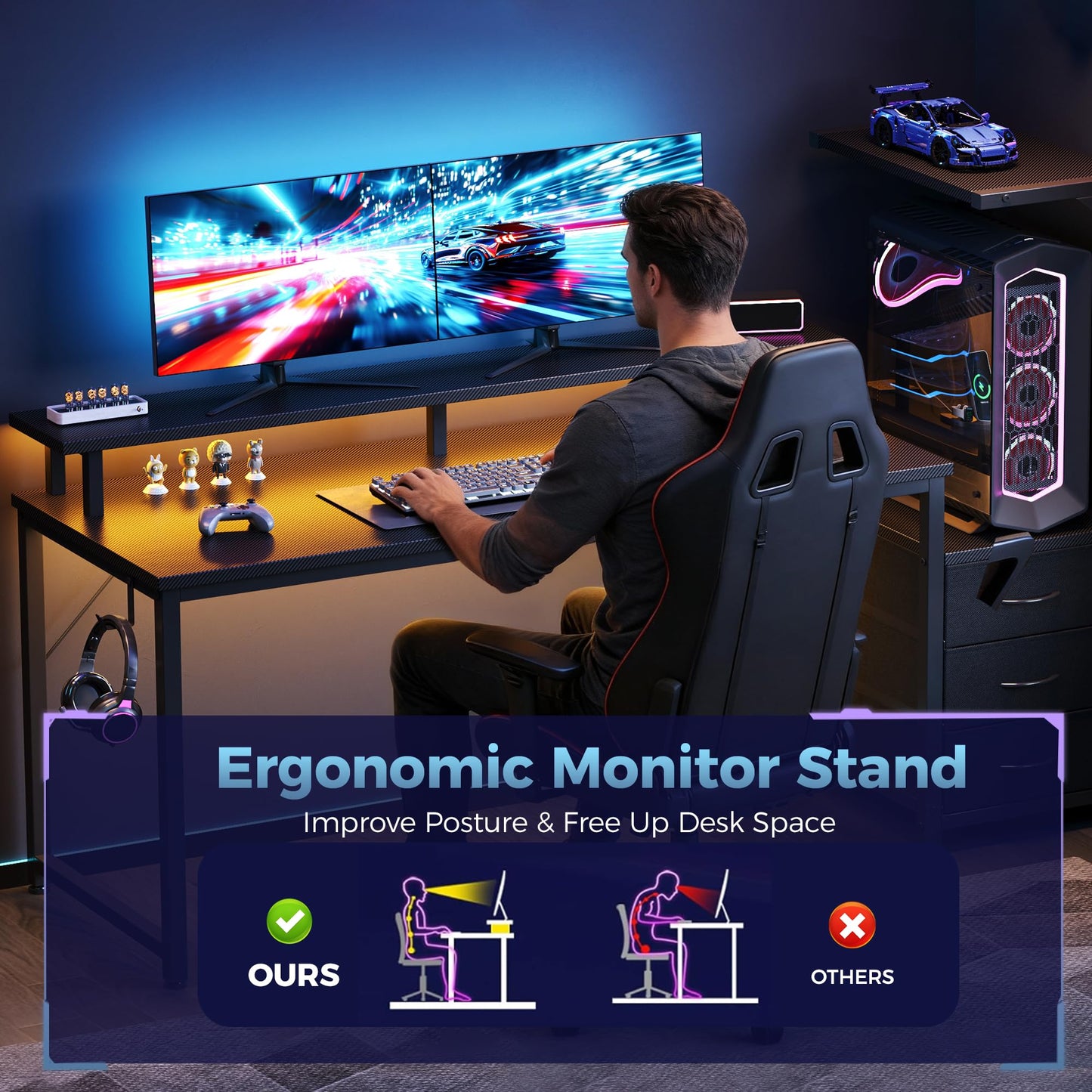DUMOS L Shaped Gaming Desk with Shelves Storage Drawers 58'', Black Computer Desks with LED Lights Power Outlets, Office Wood Table with PC Stand Cable Management for Bedroom Dual Monitor Streaming