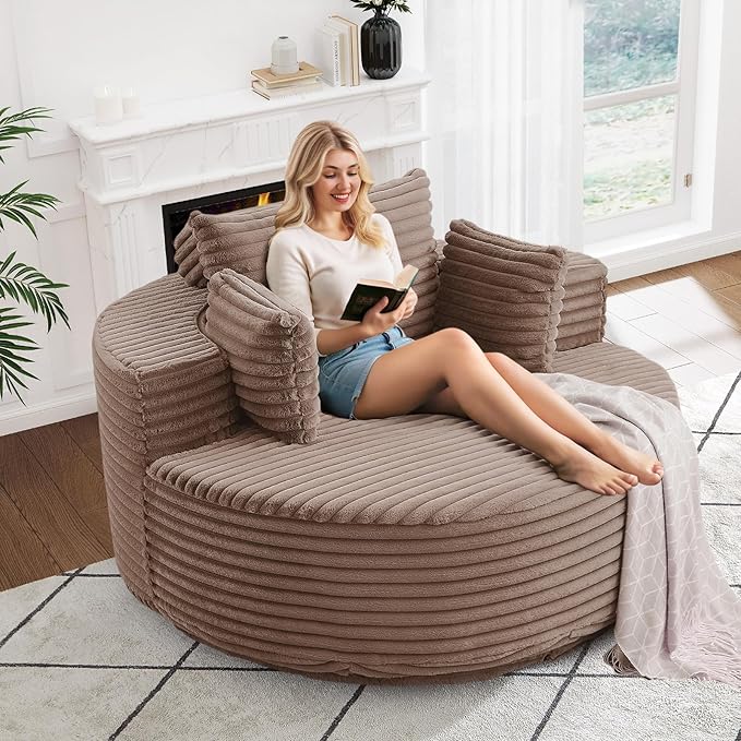 360-Degree Oversized Swivel Chair, Modern Round Circle Corduroy Comfy Deep Seat Swivel Accent Chaise Lounge Sofa Chair with Back Cushion & 2 Throw Pillows for Living Room Bedroom Office, Brown