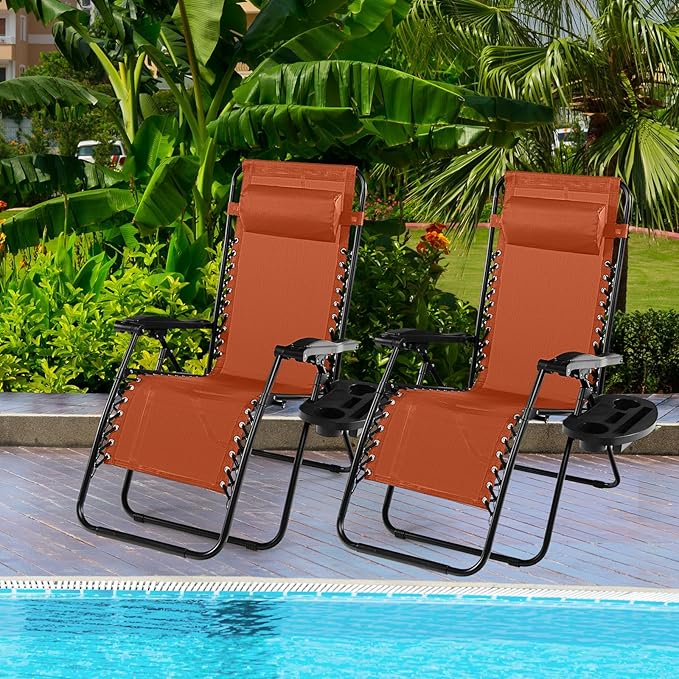 Tangkula Zero Gravity Chair, Folding Patio Lounge Chair Adjustable Outdoor Recliner with Cup Holder, Wide Armrest for Patio Garden Poolside Outdoor Yard Beach, Support 350 lbs (1, Orange)