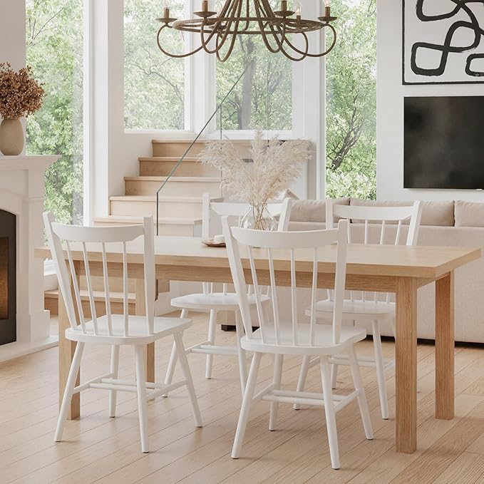 HNY White Windsor Dining Chairs Set of 2, Farmhouse Wooden Kitchen Chairs with Spindle Back, Mid Century Modern Armless Kitchen Side Chair for Dining Living Room Restaurant