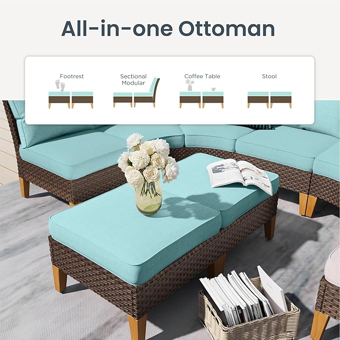 PHI VILLA 8-Piece Half-Moon Patio Furniture Set, Outdoor Wicker Sectional Sofa with Thick Aqua Blue Cushions, 2 Ottomans, Large Curved Conversation Seating for Garden or Backyard