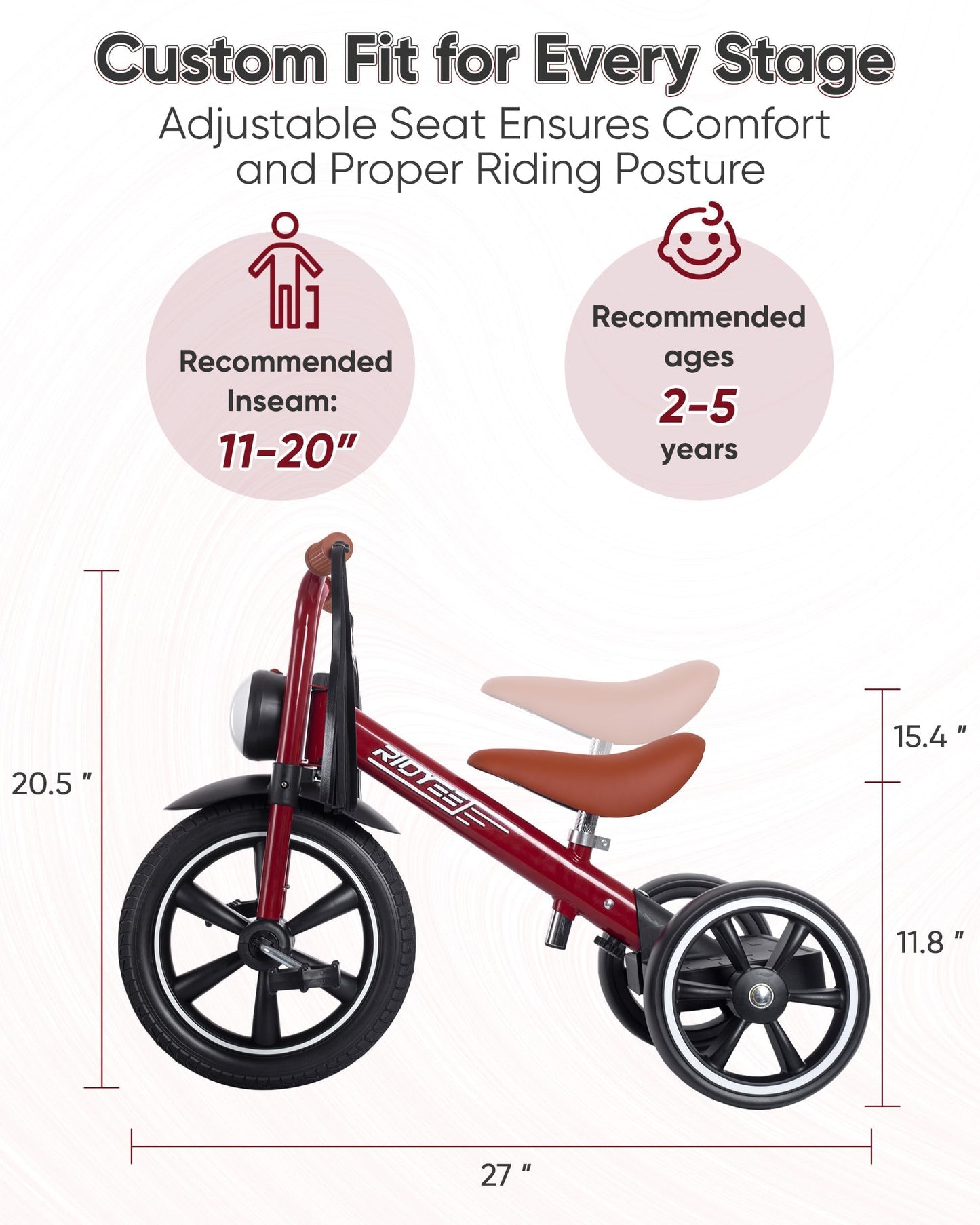 RIDYEE Toddler Tricycle for 2 to 5 Years, Tricycle for 3 Years with Front Light, Rubber Front Wheel, Soft Handlebar with Streamers, Adjustable Seat, Red