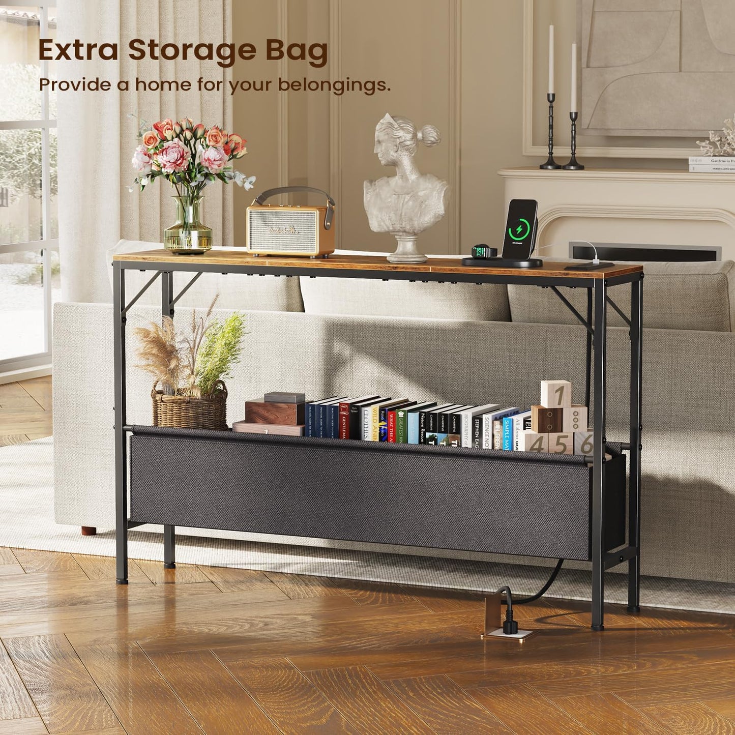 Asgolion Console Table with Charging Station and Storage Basket, 47.2'' Behind Couch Table with Power Outlets USB Ports, Narrow Entryway Table for Hallway, Foyer, Living Room, Rustic Brown